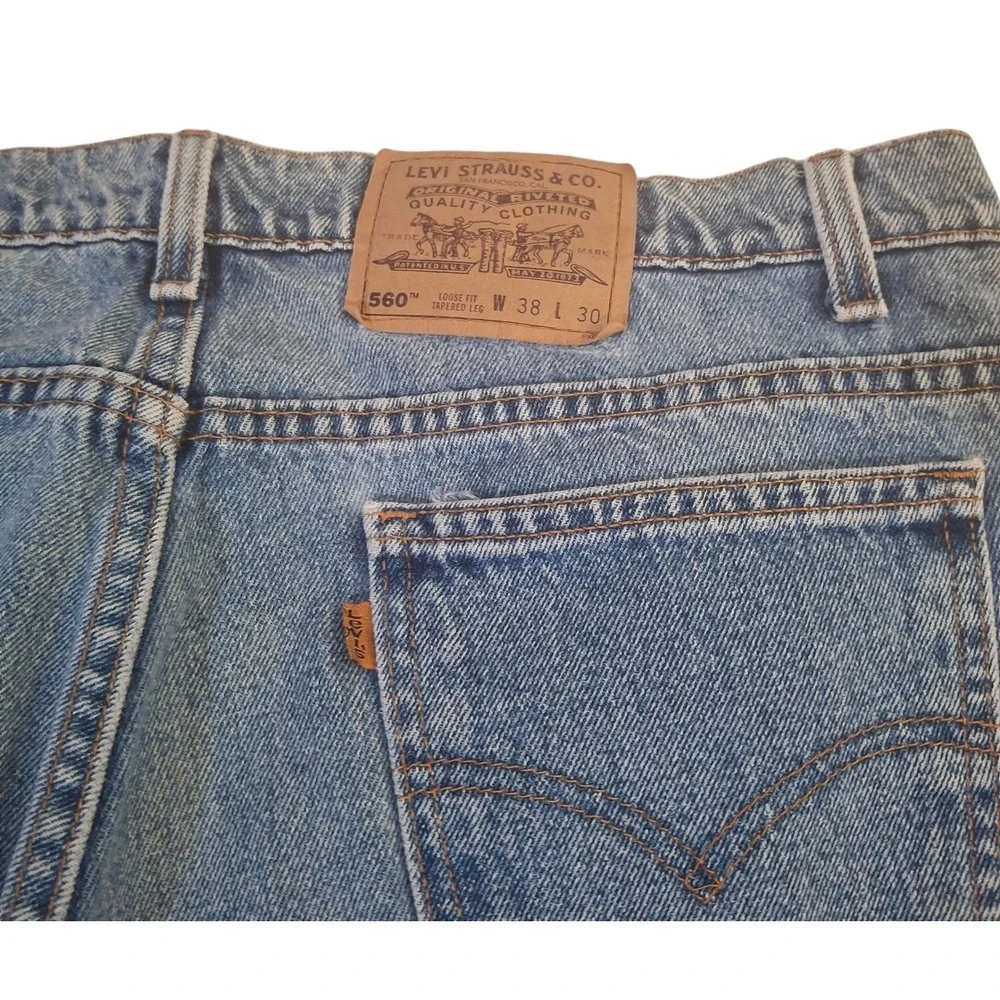 Vintage 90s Levis 560 Loose Fit Tapered Leg Orange Tab Jeans Mens 38x30 Blue USA